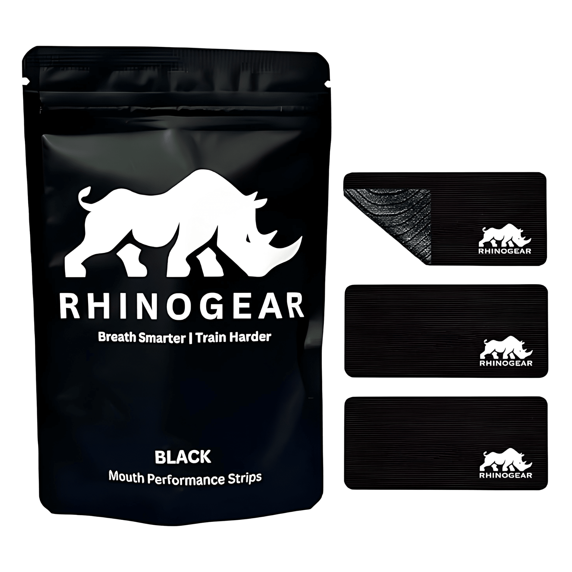 Black package of RhinoGear mouth performance strips with rhino logo on a white background