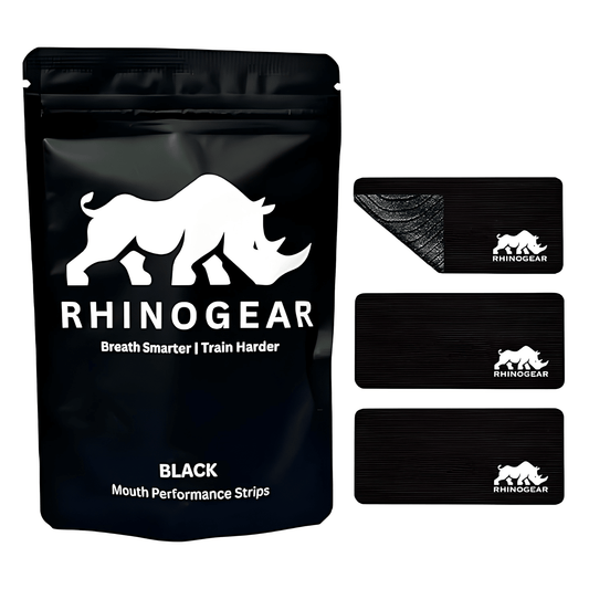Black package of RhinoGear mouth performance strips with rhino logo on a white background