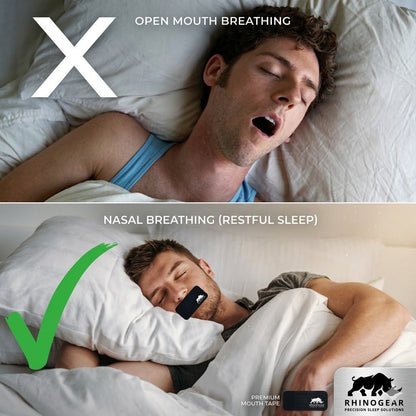Side sleeper using RhinoGear mouth tape for snore reduction and deeper rest