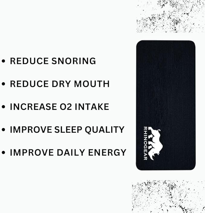 Black rhinogear mouth tape on a white background with text benefits