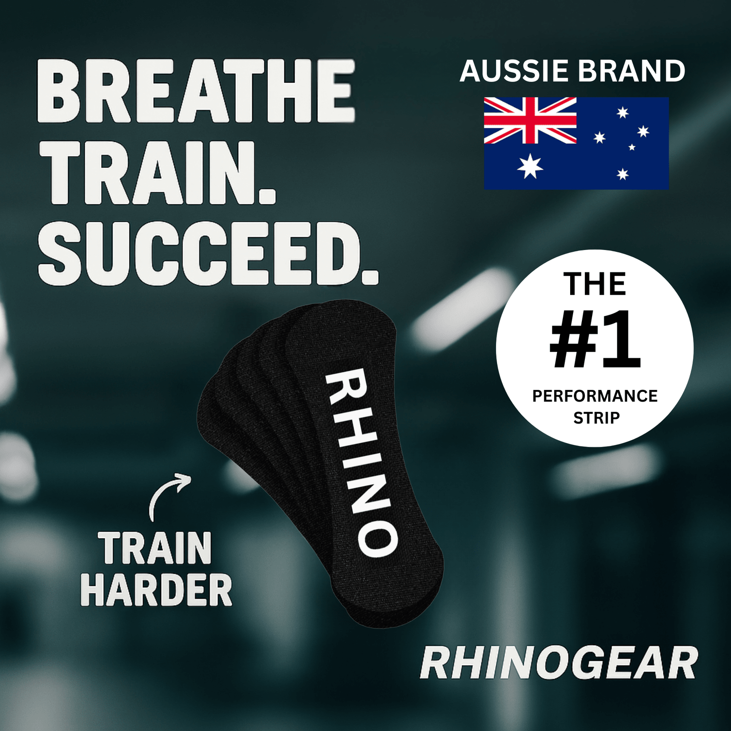 Black performance strip with 'RHINOGEAR' branding on a blurred gym background, featuring text and an Aussie flag.
