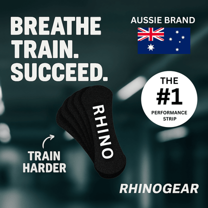 Black performance strip with 'RHINOGEAR' branding on a blurred gym background, featuring text and an Aussie flag.