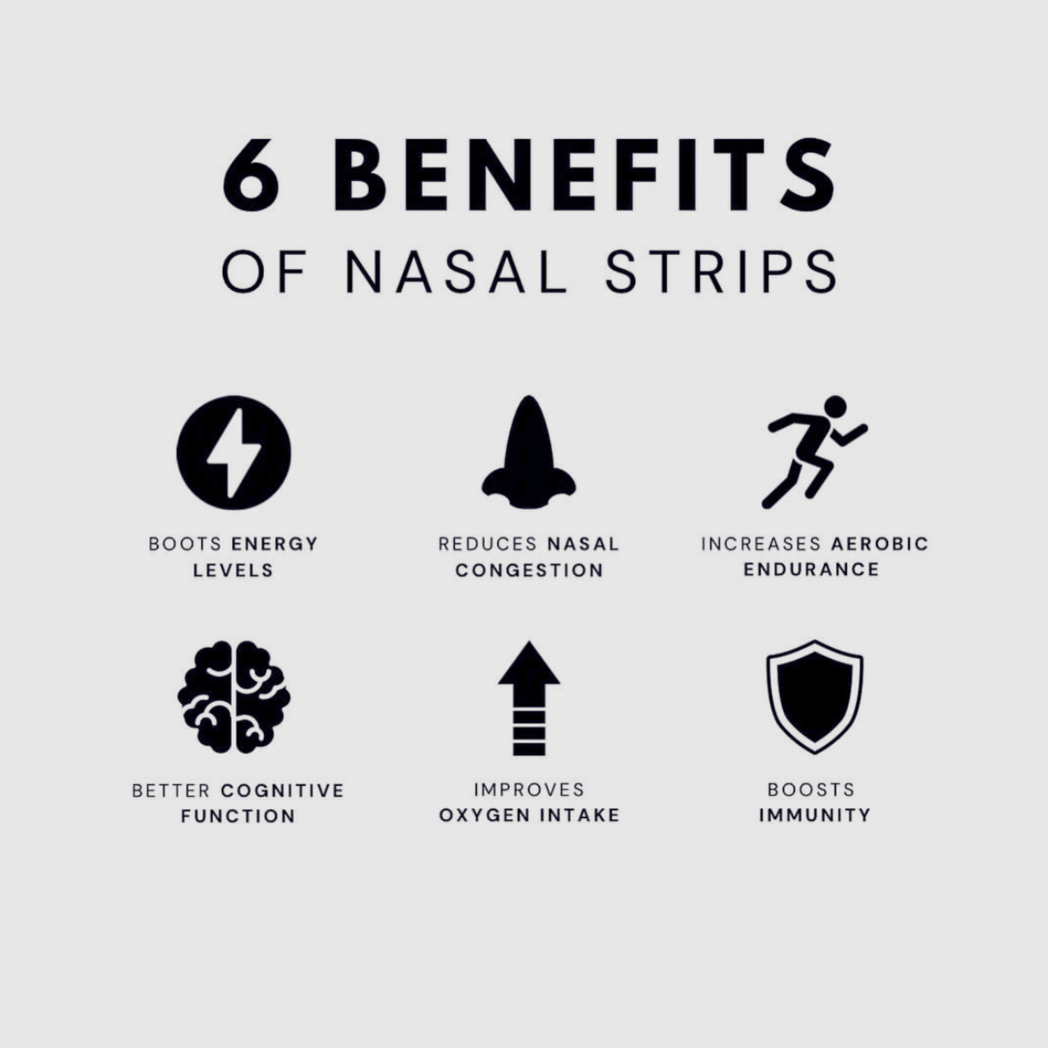 List of six benefits of nasal strips with corresponding icons on a light gray background.