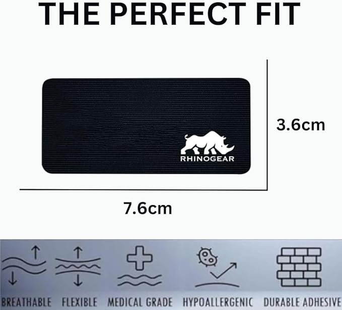 Black  RhinoGear mouth tape with logo and dimensions on a white background